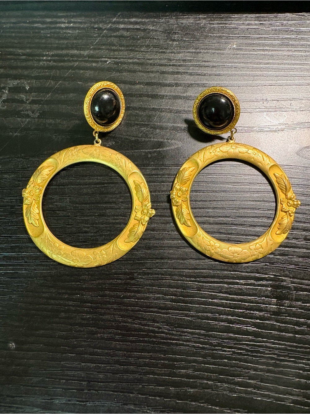 Vintage Doorknocker Gold Tone  Earrings with Black Cabochon clip on